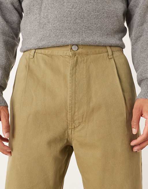ASOS DESIGN Relaxed Tapered Trousers In Khaki With Rolled Hem