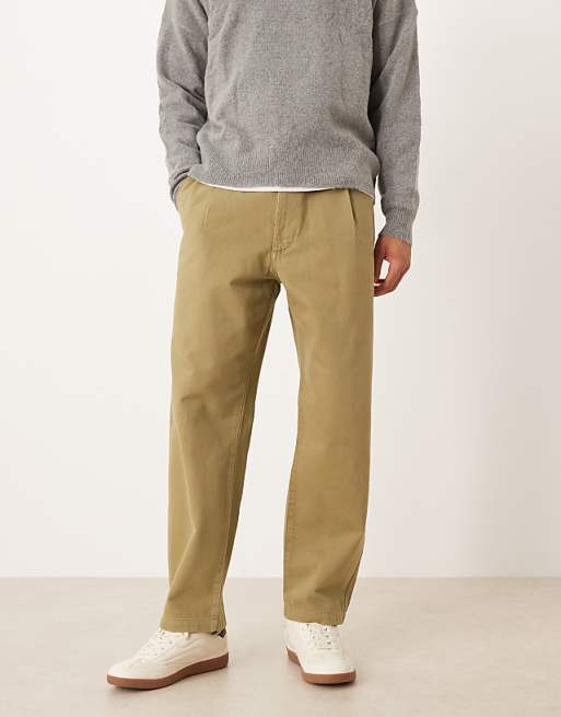 ASOS DESIGN relaxed tapered trousers in khaki with rolled hem