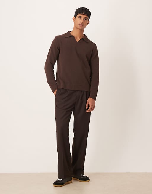 ASOS DESIGN Relaxed Textured Long Sleeve Knitted Notch Neck Polo In Brown