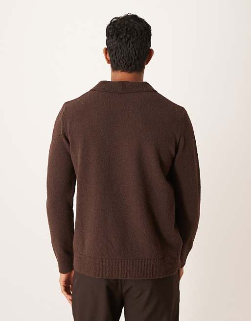 ASOS DESIGN Relaxed Textured Long Sleeve Knitted Notch Neck Polo In Brown