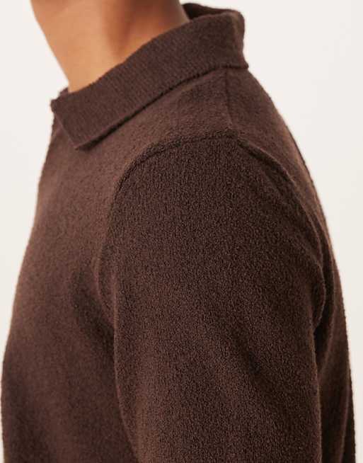 ASOS DESIGN Relaxed Textured Long Sleeve Knitted Notch Neck Polo In Brown