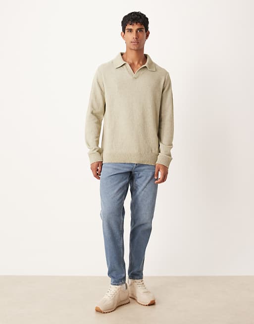 ASOS DESIGN Relaxed Textured Long Sleeve Knitted Notch Neck Polo In Sage Green