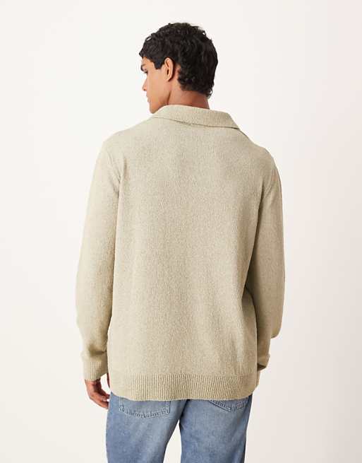 ASOS DESIGN Relaxed Textured Long Sleeve Knitted Notch Neck Polo In Sage Green