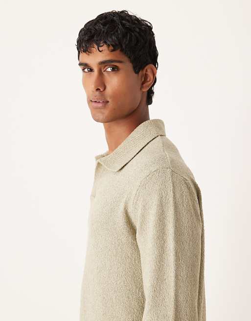 ASOS DESIGN Relaxed Textured Long Sleeve Knitted Notch Neck Polo In Sage Green