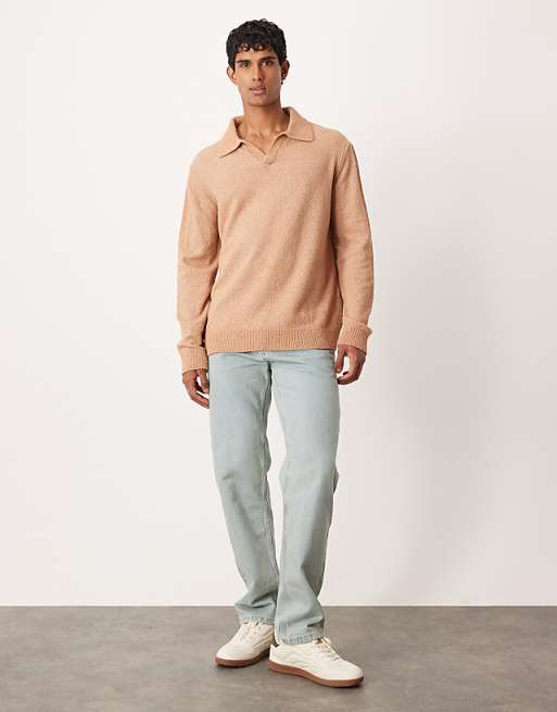 ASOS DESIGN Relaxed Textured Long Sleeve Knitted Notch Neck Polo In Brown
