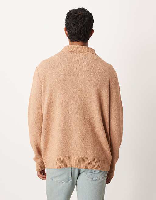 ASOS DESIGN Relaxed Textured Long Sleeve Knitted Notch Neck Polo In Brown