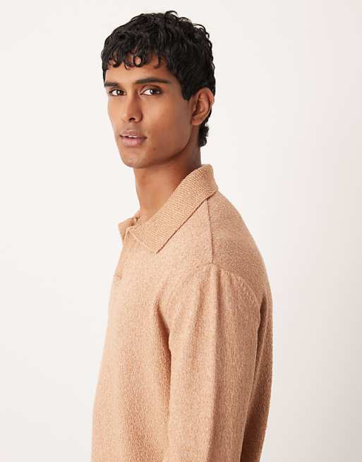 ASOS DESIGN Relaxed Textured Long Sleeve Knitted Notch Neck Polo In Brown