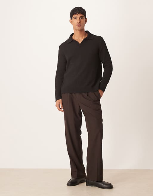 ASOS DESIGN Relaxed Textured Long Sleeve Knitted Notch Neck Polo In Black