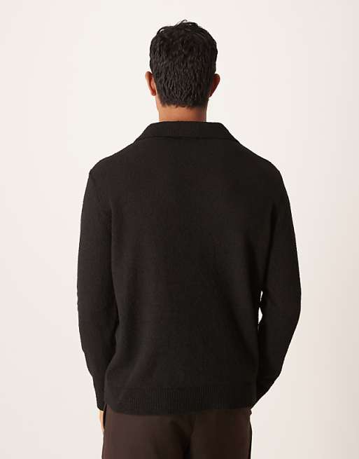 ASOS DESIGN Relaxed Textured Long Sleeve Knitted Notch Neck Polo In Black