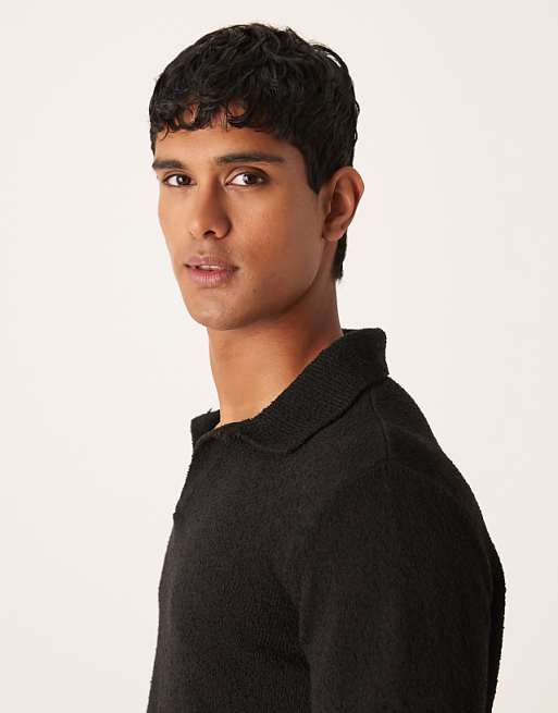 ASOS DESIGN Relaxed Textured Long Sleeve Knitted Notch Neck Polo In Black