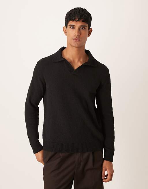 ASOS DESIGN relaxed textured long sleeve knitted notch neck polo in black ASOS DESIGN relaxed textured long sleeve knitted notch neck polo in black