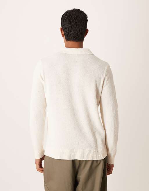 ASOS DESIGN Relaxed Textured Long Sleeve Knitted Notch Neck Polo In Ecru