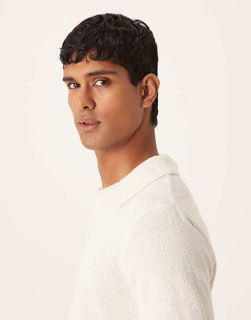 ASOS DESIGN Relaxed Textured Long Sleeve Knitted Notch Neck Polo In Ecru