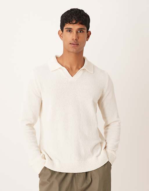 ASOS DESIGN relaxed textured long sleeve knitted notch neck polo in ecru ASOS DESIGN relaxed textured long sleeve knitted notch neck polo in ecru
