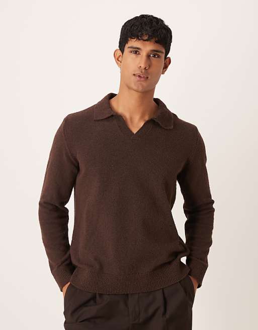 ASOS DESIGN relaxed textured long sleeve knitted notch neck polo in brown