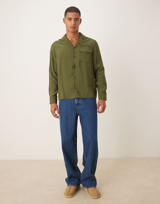 ASOS DESIGN Relaxed Textured Shirt With Embroidery In Khaki