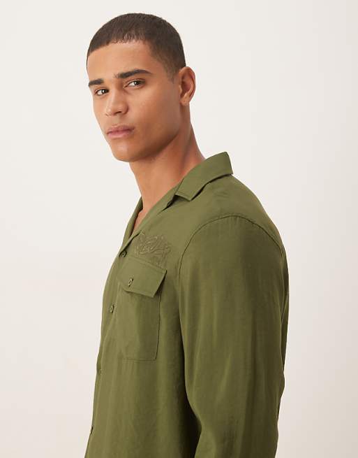 ASOS DESIGN Relaxed Textured Shirt With Embroidery In Khaki