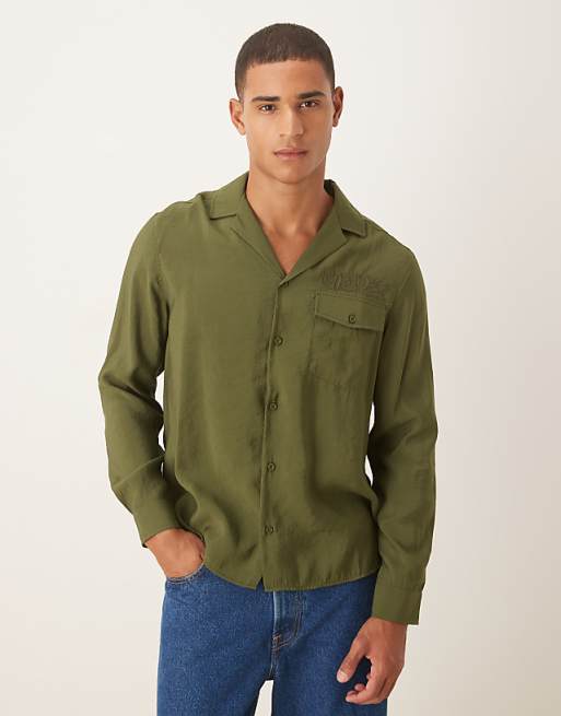 ASOS DESIGN relaxed textured shirt with embroidery in khaki
