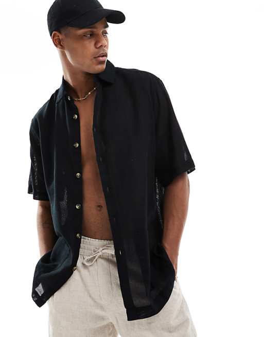 ASOS DESIGN Relaxed Textured Shirt With Patch Pockets In Black