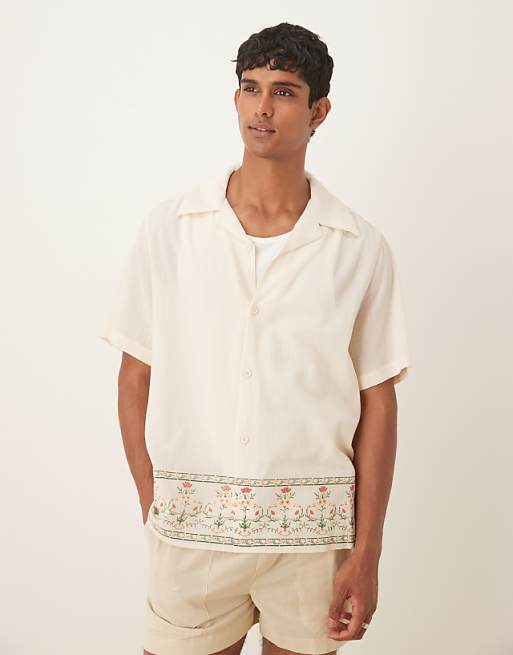 ASOS DESIGN relaxed textured shirt with print in beige