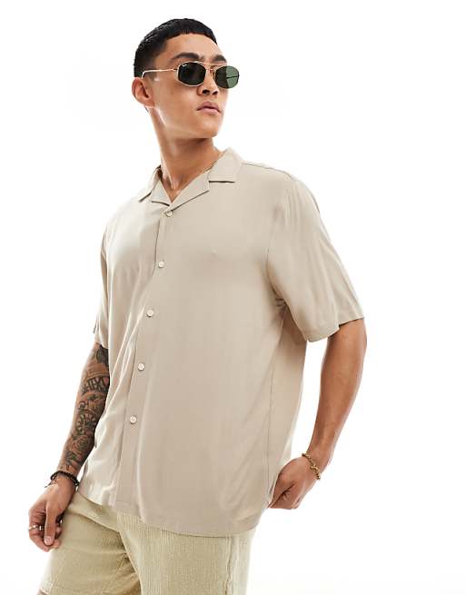 ASOS DESIGN Relaxed Viscose Shirt In Stone