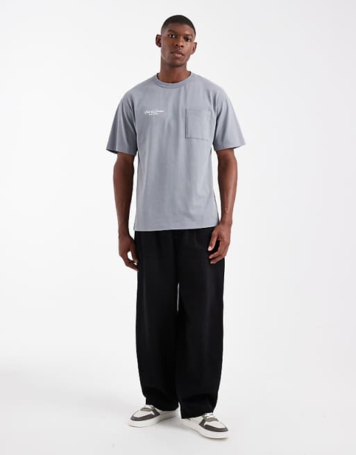 ASOS DESIGN Relaxed Washed Pocket Tee With Chest Embroidery In Grey