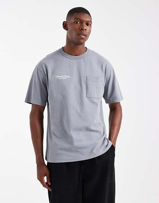 ASOS DESIGN relaxed washed pocket tee with chest embroidery in grey