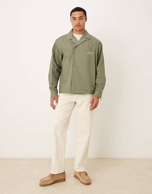 ASOS DESIGN Relaxed Wrap Around Shirt With Embroidery In Khaki