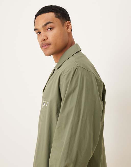 ASOS DESIGN Relaxed Wrap Around Shirt With Embroidery In Khaki