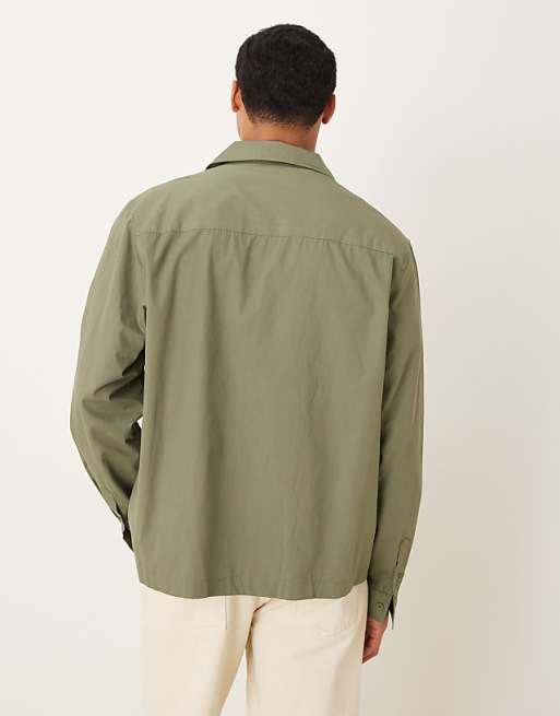 ASOS DESIGN Relaxed Wrap Around Shirt With Embroidery In Khaki