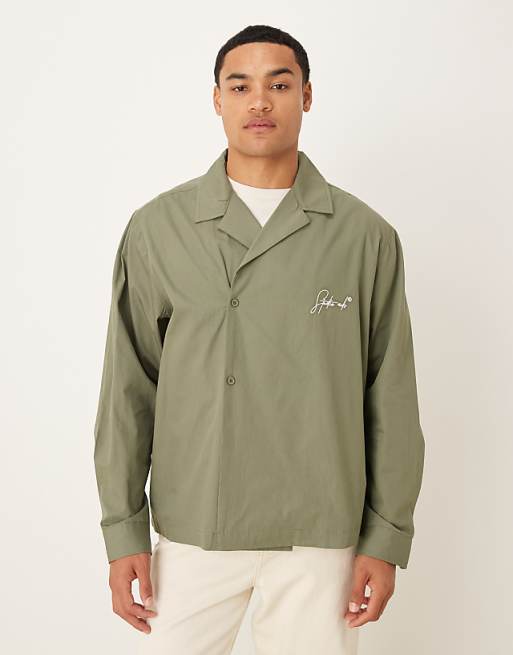 ASOS DESIGN relaxed wrap around shirt with embroidery in khaki