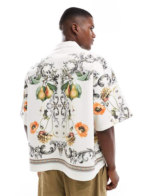 ASOS DESIGN Revere Shirt With Floral Border Print In Beige