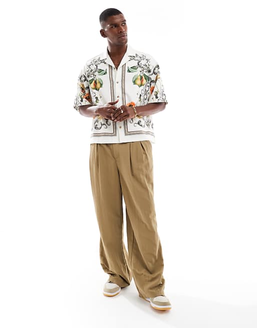ASOS DESIGN Revere Shirt With Floral Border Print In Beige
