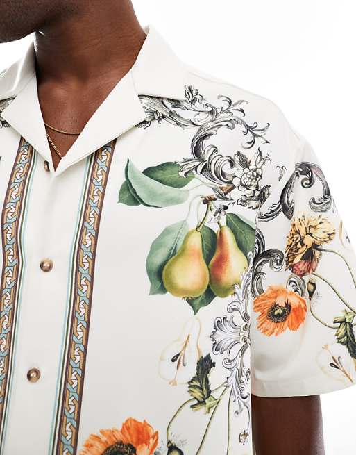 ASOS DESIGN Revere Shirt With Floral Border Print In Beige