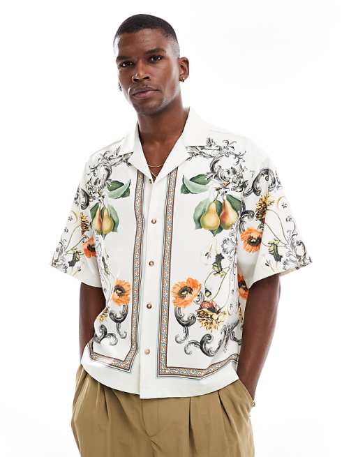ASOS DESIGN revere shirt with floral border print in beige