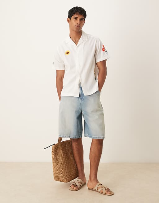 ASOS DESIGN Revere Shirt With Placement Print In Cream