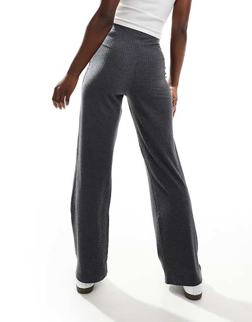 ASOS DESIGN Rib Wide Leg Trouser In Charcoal