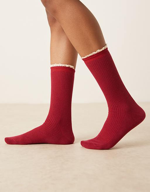 ASOS DESIGN ribbed contrast crochet frill socks in burgundy