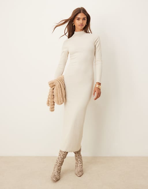 ASOS DESIGN ribbed long sleeve high neck batwing maxi dress in oatmeal