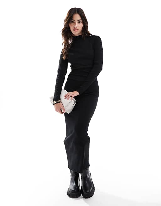 ASOS DESIGN ribbed long sleeve high neck batwing maxi dress in black