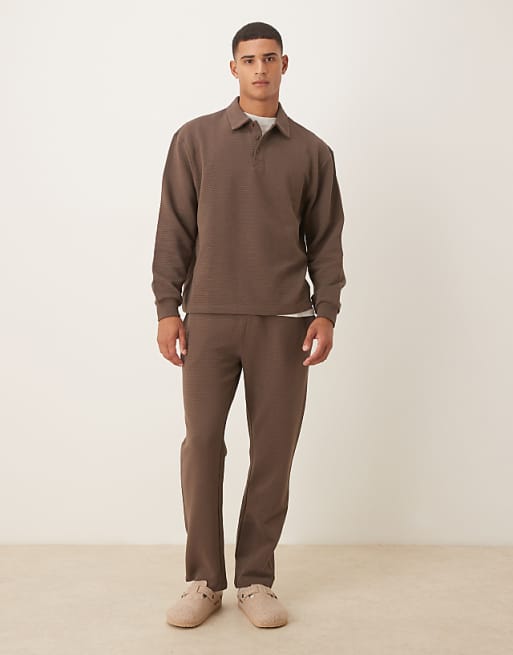 ASOS DESIGN Ribbed Relaxed Polo Sweatshirt In Brown