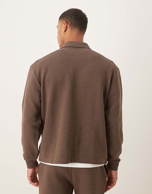 ASOS DESIGN Ribbed Relaxed Polo Sweatshirt In Brown