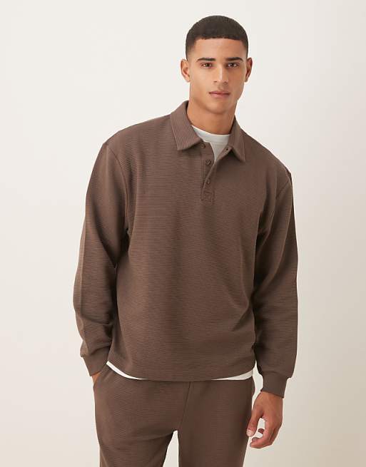 ASOS DESIGN ribbed relaxed polo sweatshirt in brown