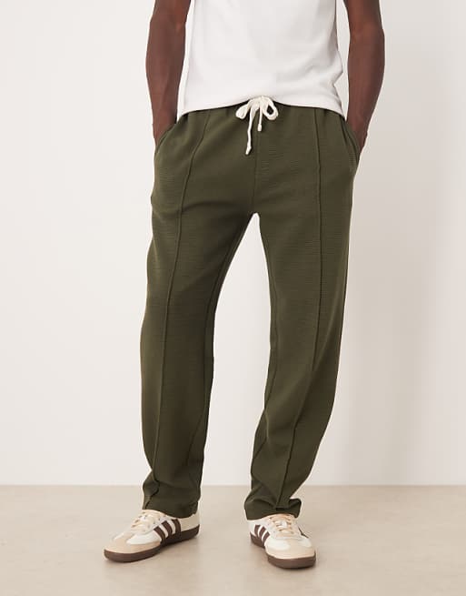 ASOS DESIGN ribbed straight leg jogger with pin tucks in khaki