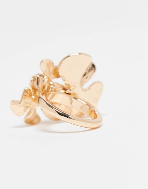 ASOS DESIGN Ring With Layered Flower Design In Gold Tone