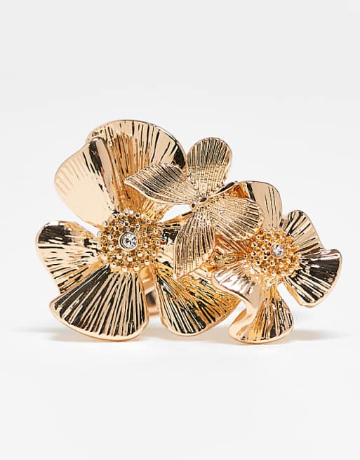 ASOS DESIGN ring with layered flower design in gold tone