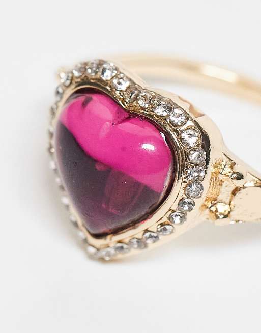 ASOS DESIGN Ring With Pink Heart Stone Setting In Gold Tone