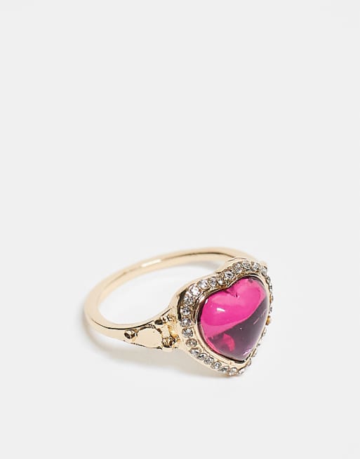 ASOS DESIGN ring with pink heart stone setting in gold tone