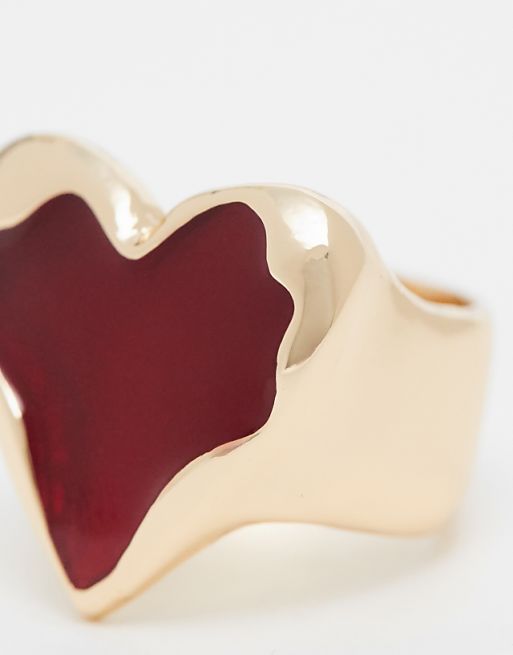 ASOS DESIGN Ring With Red Resin Heart Design In Gold Tone