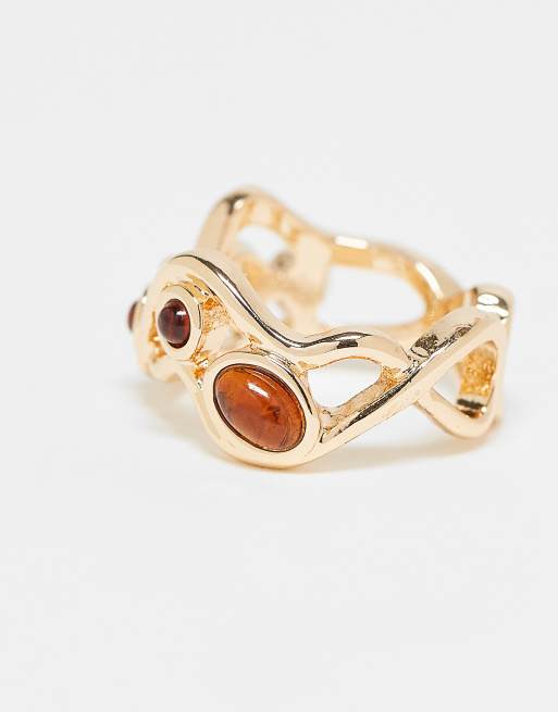 ASOS DESIGN Ring With Wavy Design And Faux-amber Stone Settings In Gold Tone